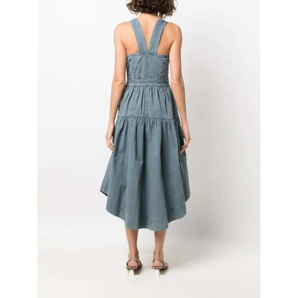 Ulla Johnson Enzo Denim Dress Blue Cotton Tiered Midi Sweetheart Neck Size 4 - Picture 12 of 15